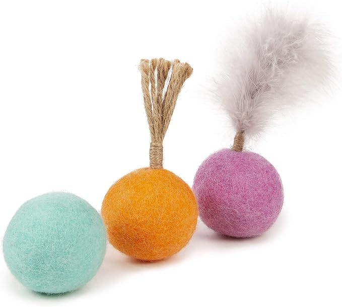 Petlinks (3 Count) Wacky Woolies Felt Ball Cat Toys - Pink/Orange/Blue, 3 Count | Amazon (US)