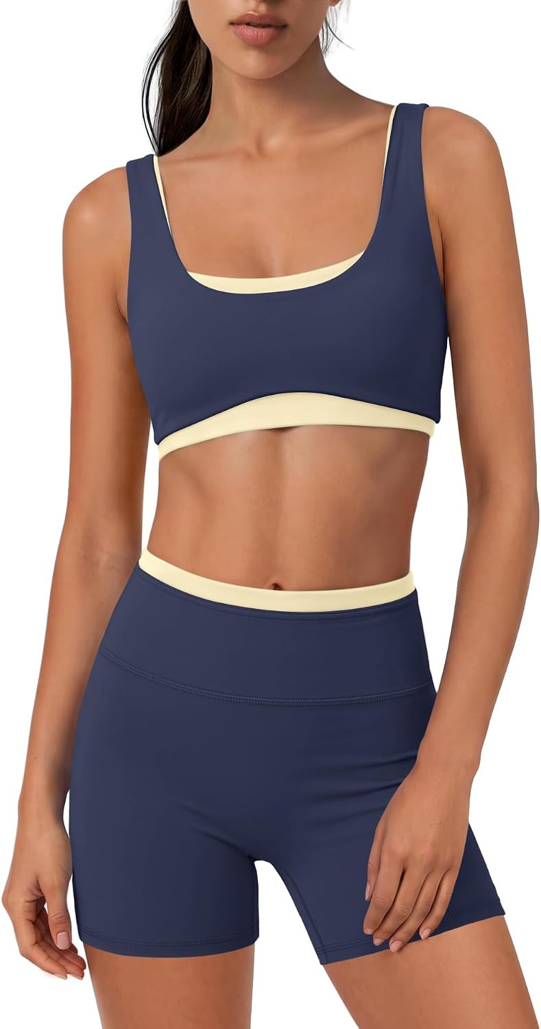Yanekop Womens 2 Piece Layered Workout Set Sports Bras Yoga Biker Shorts | Amazon (US)