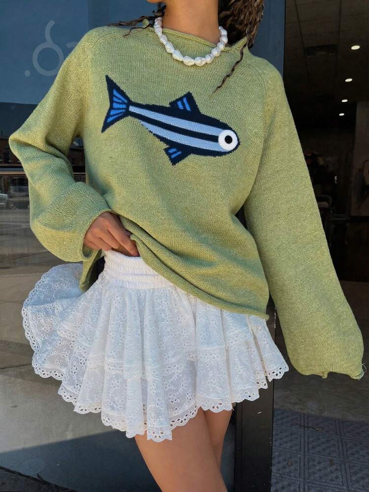 Women's Sardine Graphic Knit Sweater Oversized Crewneck Long Sleeve Drop Shoulder Knit Sweaters F... | SHEIN