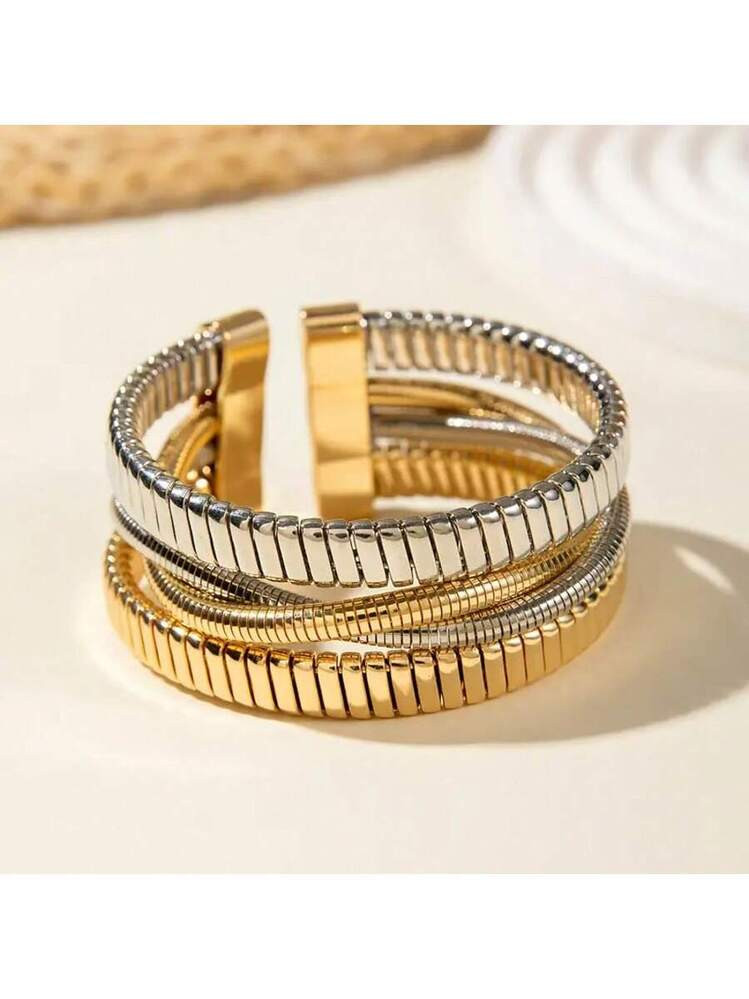 1pc Fashionable Minimalist Multi-Layer Line Wrapped Geometric Open Cuff Snake Bone Bracelet, Suit... | SHEIN