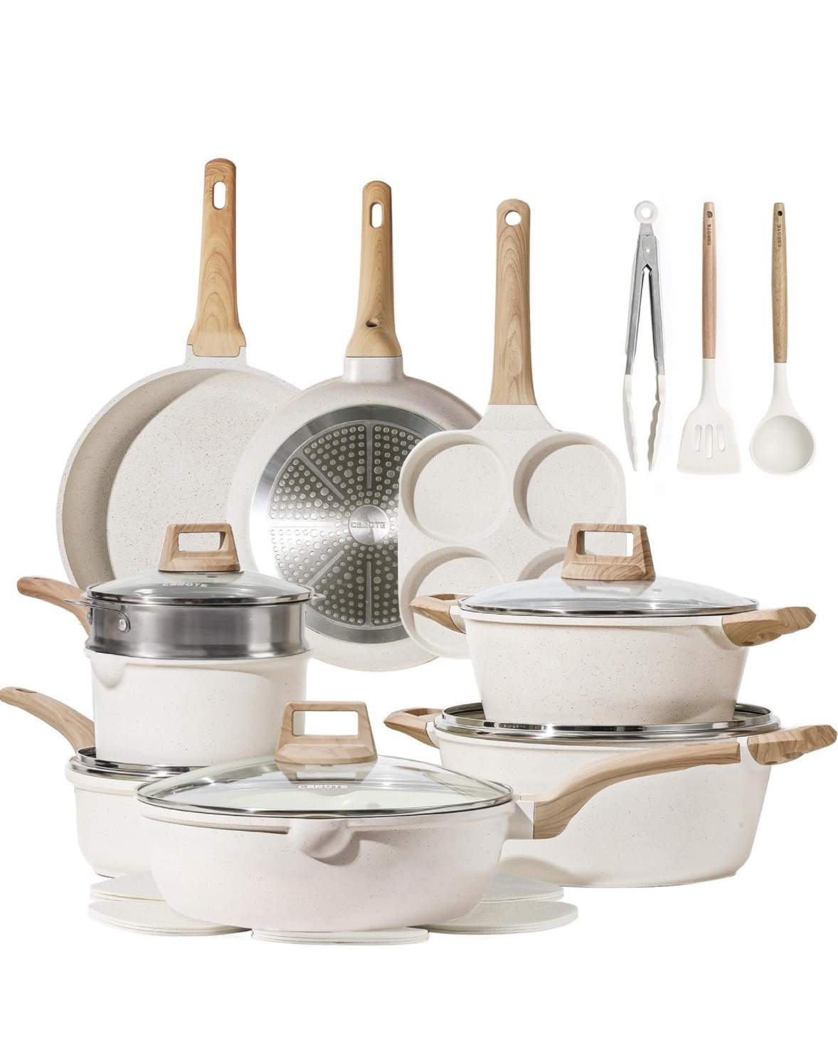 Can’t say enough good things about these pots + pans. I’ve had them since last fall and love them, plus they are such a great price. You have to hand wash them and I thought I would hate that but I feel like it’s kept them in better condition than my old ones I just tossed in the dishwasher!