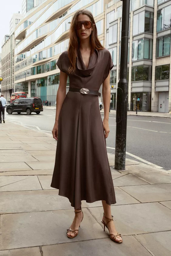 BELTED DRAPED NECK MIDI DRESS | Zara US