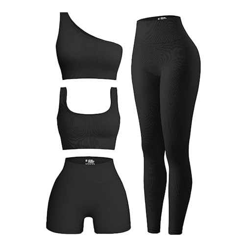 OIERD 4 Piece Workout Sets For Women Ribbed Leggings Clothes Yoga Sets Active Wear Cute Matching Work Out Sets Gym Pilates Outfits For Women Set Black,M | Amazon (US)