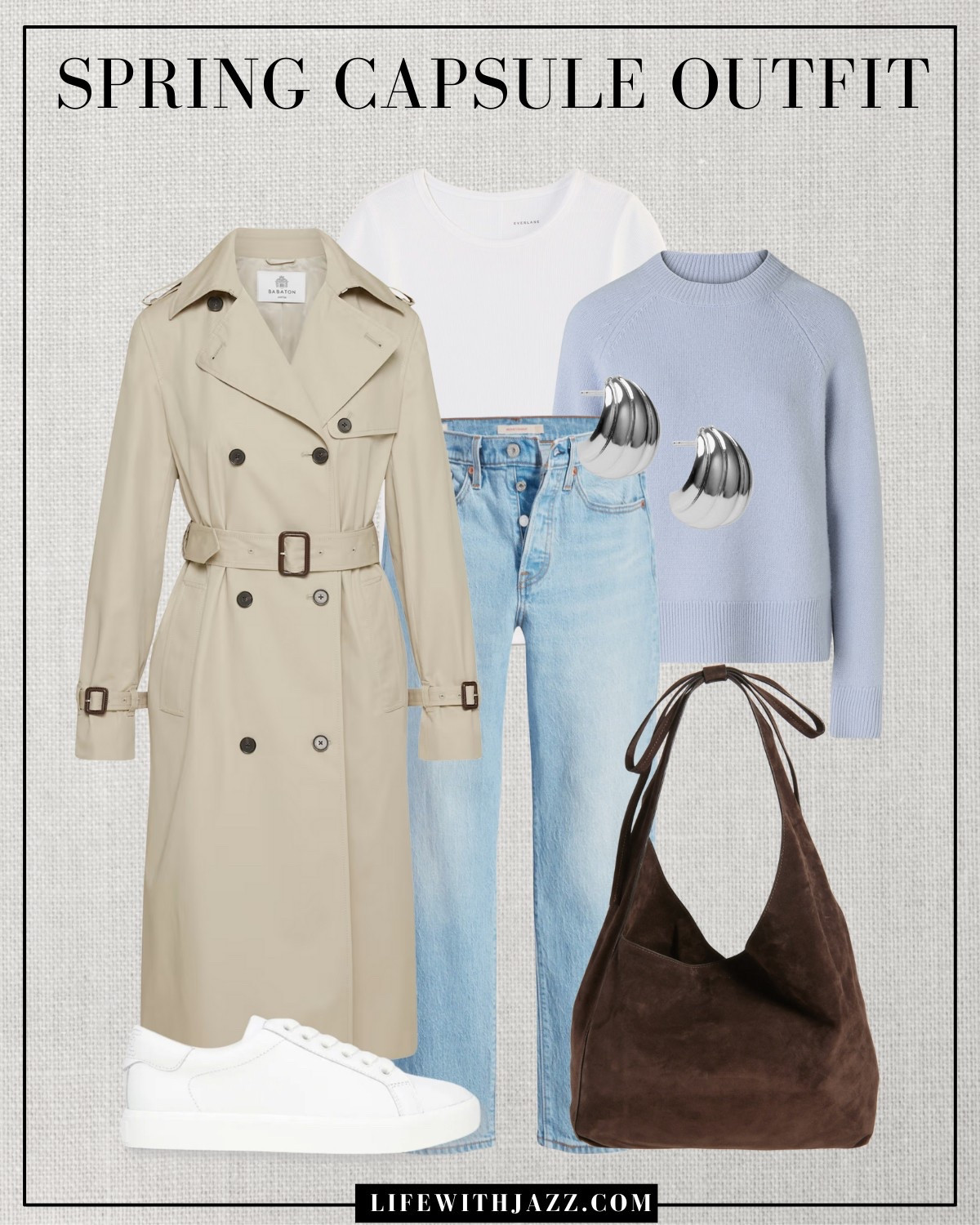 Spring capsule outfit 

Spring capsule / capsule wardrobe / smart casual outfit / trench coat / white tee / pastel blue cashmere sweater / light blue wash ankle jeans / sneakers / chocolate brown tote bag / sc25 

#LTKSeasonal #LTKStyleTip