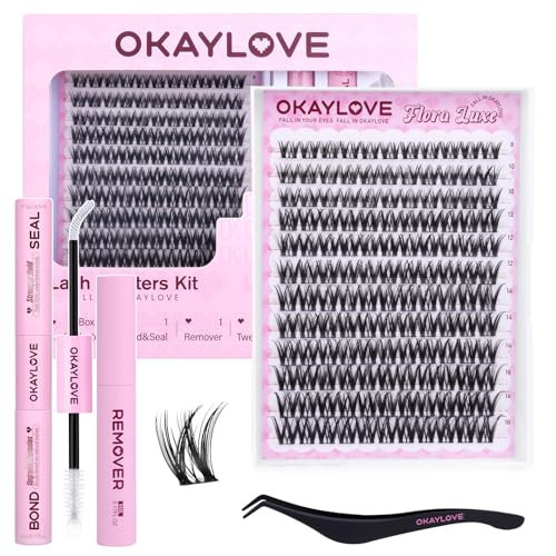 OKAYLOVE Natural Lash Clusters, Flora Luxe 8-18mm DIY Wispy Cluster Eyelash Extensions Kit, 132pcs CC Curl Black Cotton Band Individual Lashes with Lashes Bond and Seal, Remover, Lash Tweezers | Amazon (US)
