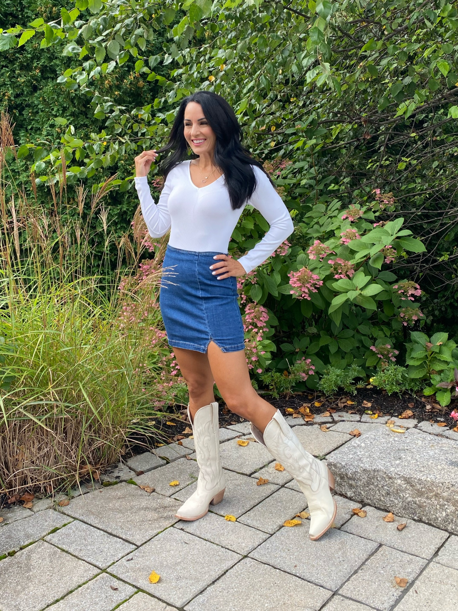Denim mini skirt and boots on sale