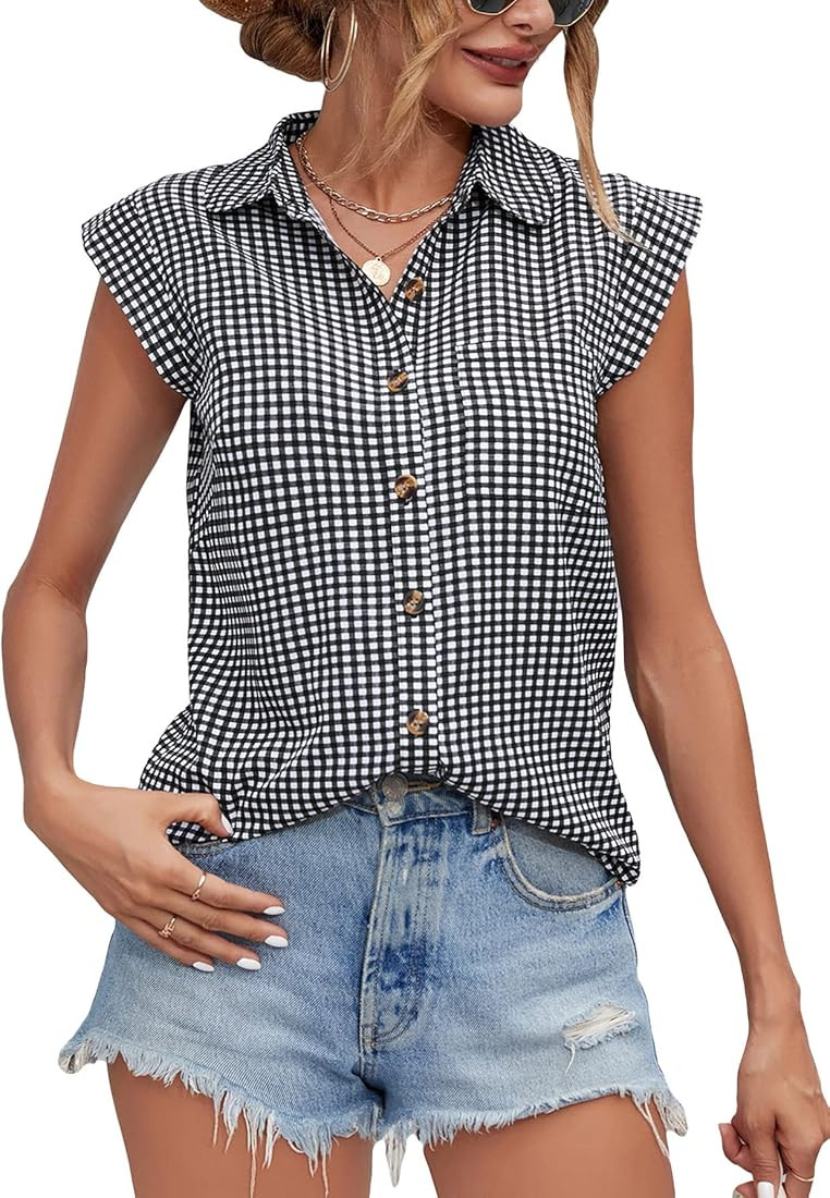 SOLY HUX Women's Plaid Button Down Shirt Cap Sleeve Pocket Front Summer Tops Blouse | Amazon (US)