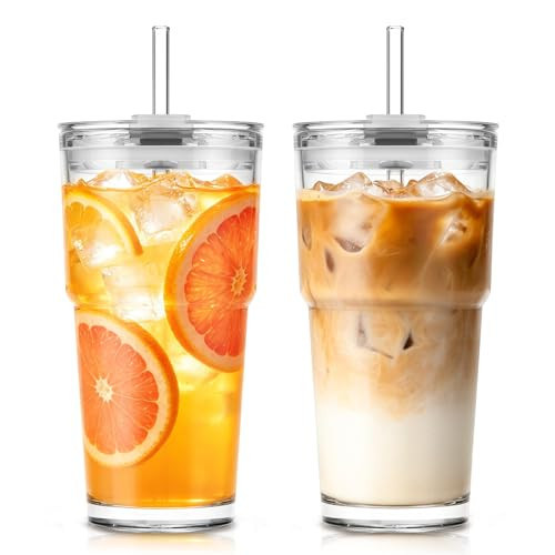 KEMORELA 20oz Clear Iced Coffee Cups with Lids 2Pcs: Glass Tumbler with Straw and Lid -Vintage Glass Cups with Lids and Straws-Tumbler Leak Proof Aesthetic Drinking for Coffee Bar Accessories | Amazon (US)