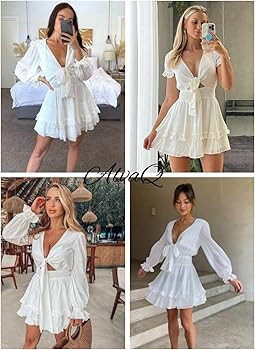 AlvaQ Womens Spring Summer Knot Front V Neck Ruffles Long Sleeve Floral Print Swing Mini Dress | Amazon (US)