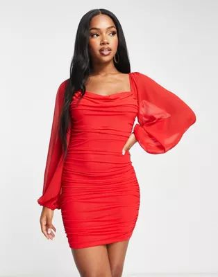 Love Triangle long sleeve ruched mini dress in cherry red | ASOS (Global)