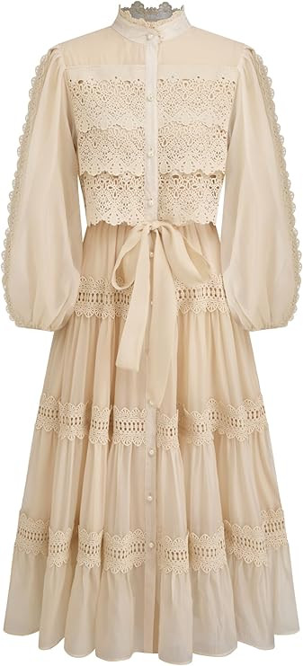 CIDER Maxi Dress Button Solid Turtle Neck Guipure Chiffon Long Sleeve Pearl Middle Waist Elegant ... | Amazon (US)