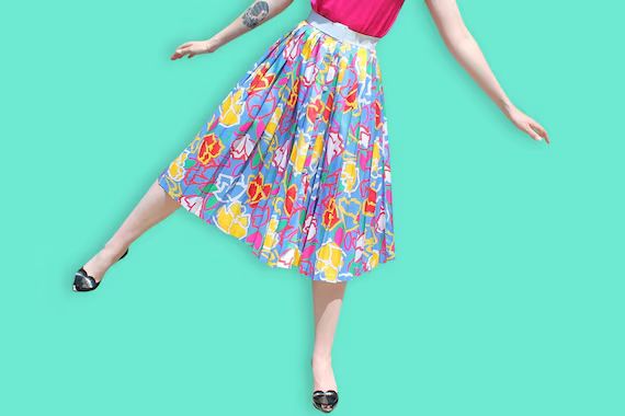 80s Colorful Accordion Pleats Skirt - Multicolor Abstract Floral Skirt - Neon Pleated Buttoned Sk... | Etsy (US)