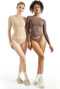 SUUKSESS Women Double Lined Fitted Basic T Shirts Crew Neck Long Sleeve Crop Top | Amazon (US)