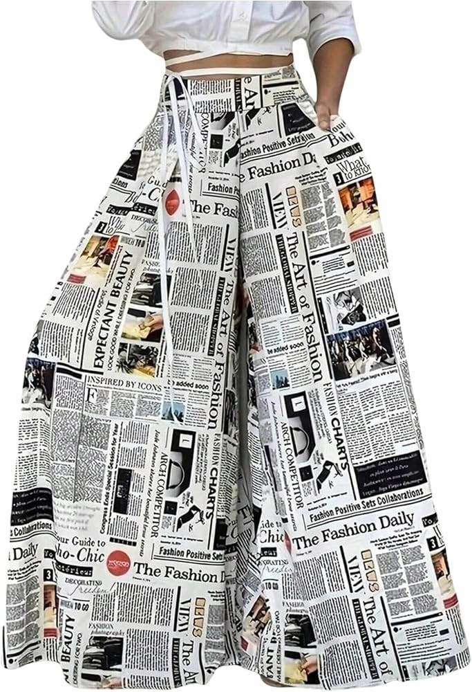 WDIRARA Women's Plus Size Newspaper Print Wide Leg Pants Elastic High Waisted Palazzo Pants with ... | Amazon (US)