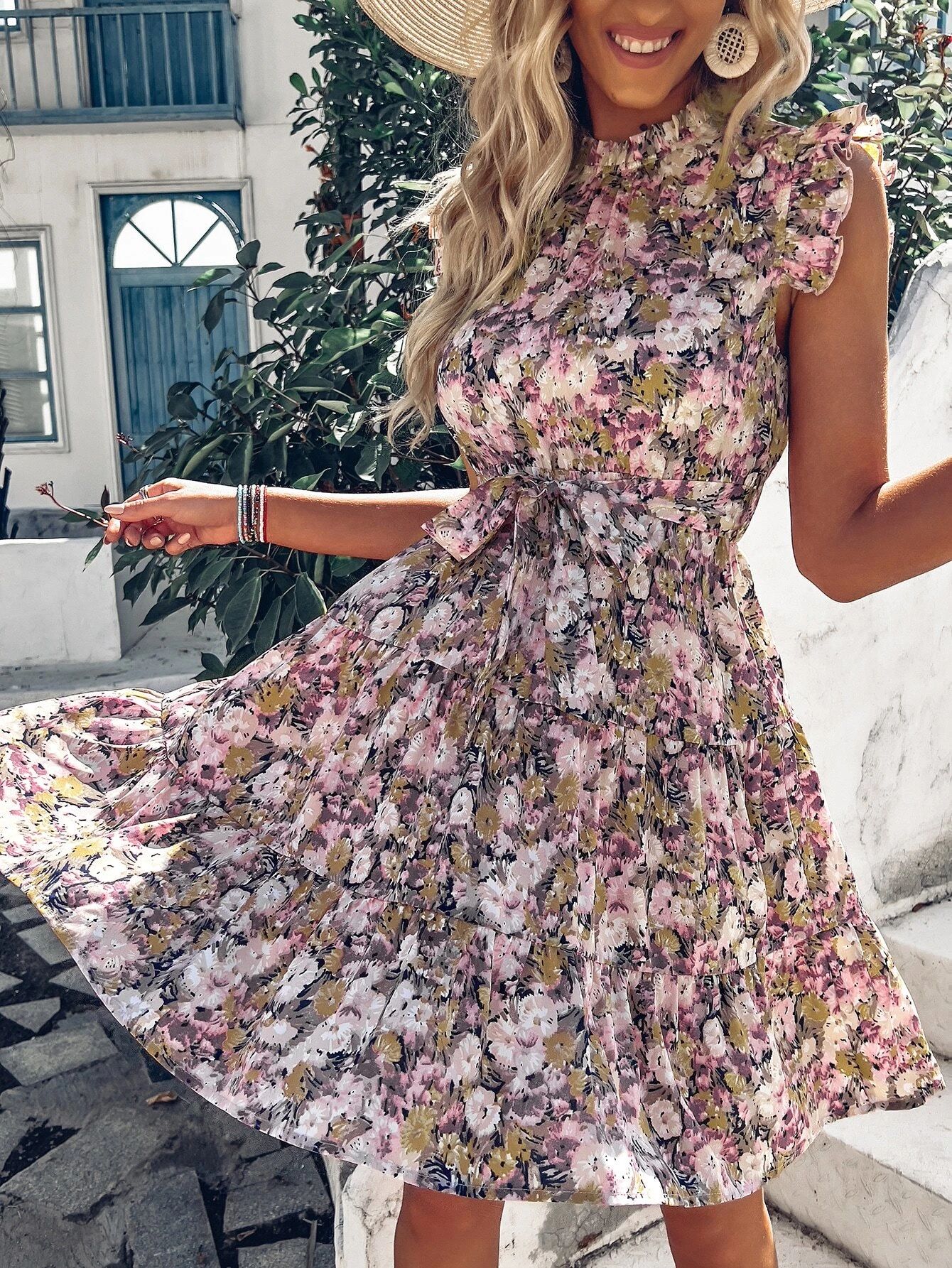 Floral Print Ruffle Hem Belted Dress | SHEIN