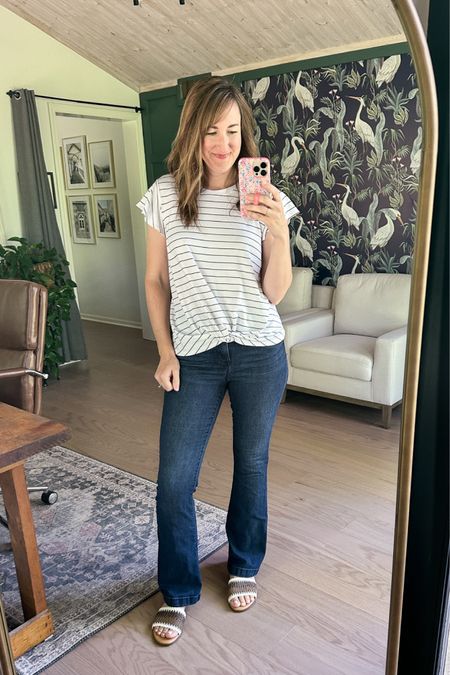 Cute summer outfit with striped ruffle sleeve top and flare jeans! Loving these woven sandals on Walmart  

#LTKstyletip #LTKshoecrush #LTKfit