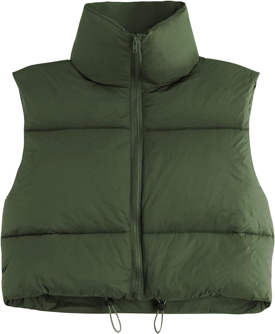Cropped Puffer Vest Women Fashion High Neck Zipper Jacket Coat Sleeveless Winter Warm Lightweight | Amazon (US)