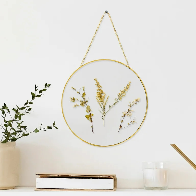 Hanging Gold Circular Framed Glass Dried Pressed Floral Wall Decor | Walmart (US)