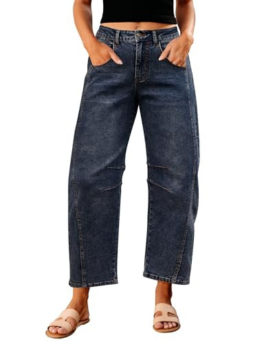 GRAPENT 2025 Barrel Jeans for Women Balloon Wide Leg Cropped Trendy Jeans Boyfriend High Waisted Jean Pants Casual Stretchy Summer Denim Trousers Vintage Dark Blue Medium Size 8 to 10 | Amazon (US)