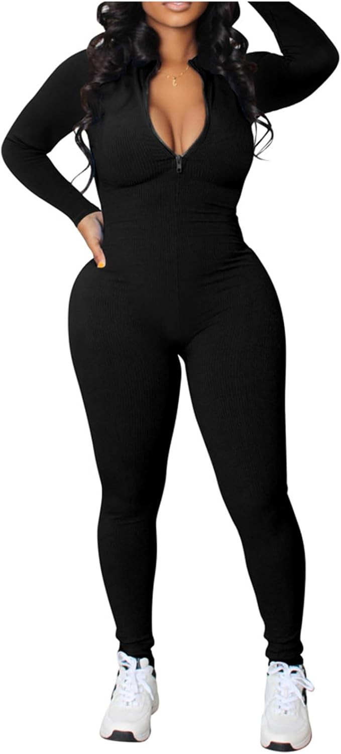 Womens One Piece Jumpsuits Sexy Stretchy Ribbed Long Sleeve Jumpsuit Casual Zip Pants Rompers | Amazon (US)