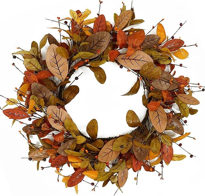 Artificial 20 inch Fall Wreath Autumn Magnolia Wreath with Wooden Magnolia Leaves,Multicolored Be... | Amazon (US)