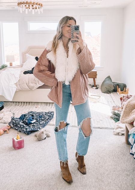 Top worn pair of jeans that so many of you have too (I went down 2 sizes) - comfy boots you see me wear all the time - I wear this jacket so much and the collar is removable - and you can’t see it but the shirt under here is so pretty and flowy and dainty and I just love it (comes in other colors too!)

#LTKsalealert #LTKSeasonal #LTKshoecrush