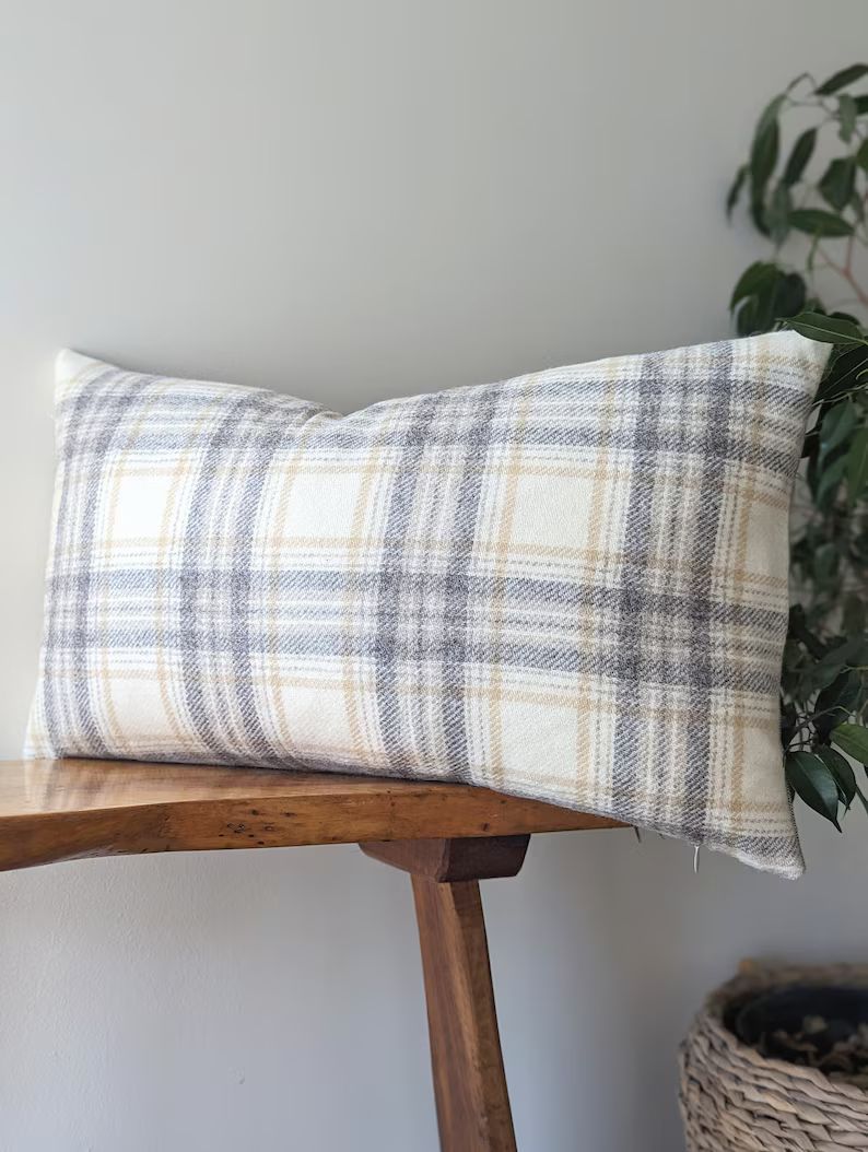 Wool tartan cushion cover dove grey cream plaids rectangular farmhouse fabric natural pillow engl... | Etsy (US)
