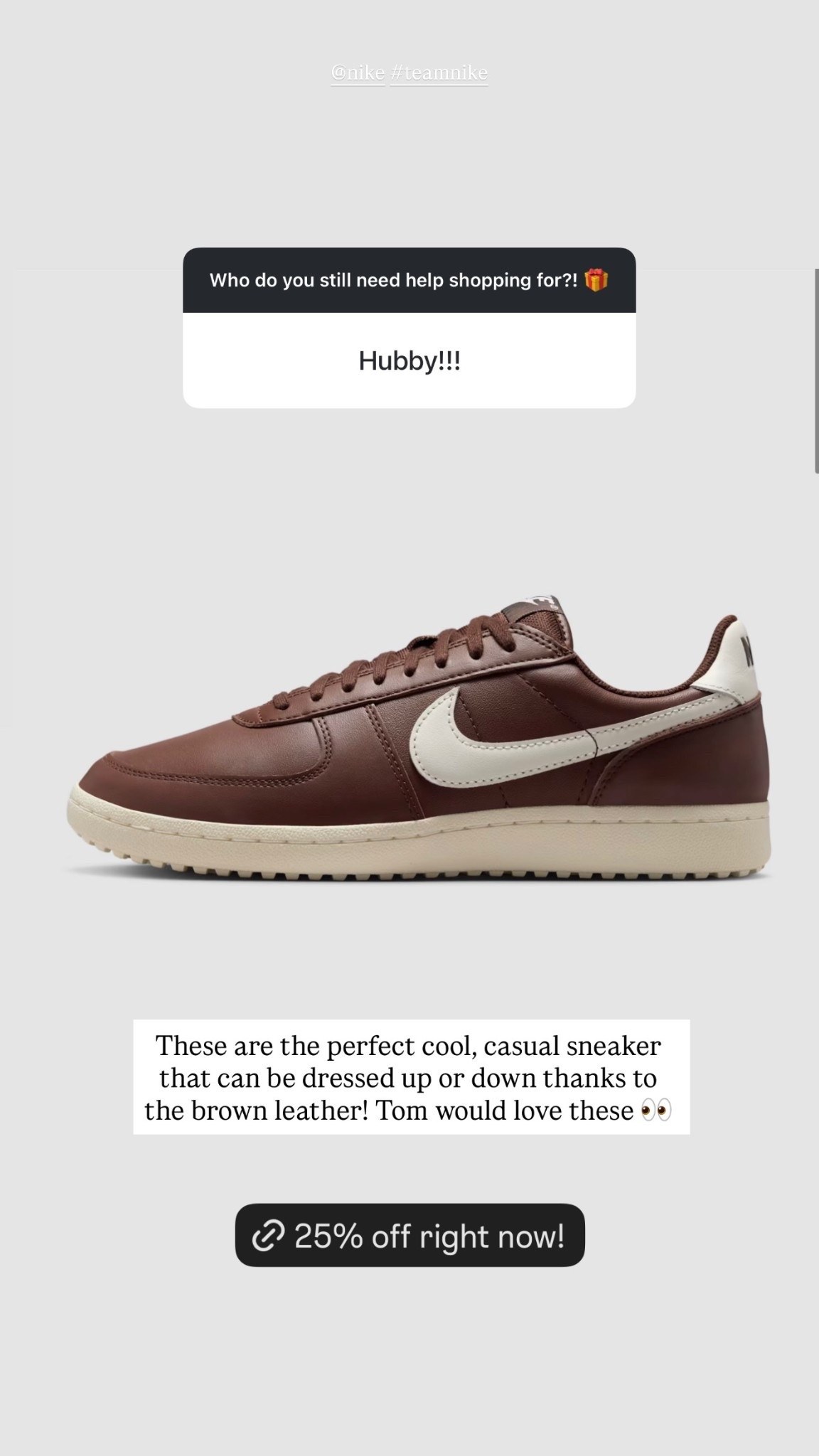These are the perfect cool, casual sneaker that can be dressed up or down thanks to the brown leather! Tom would love these 👀  @nike #teamnike