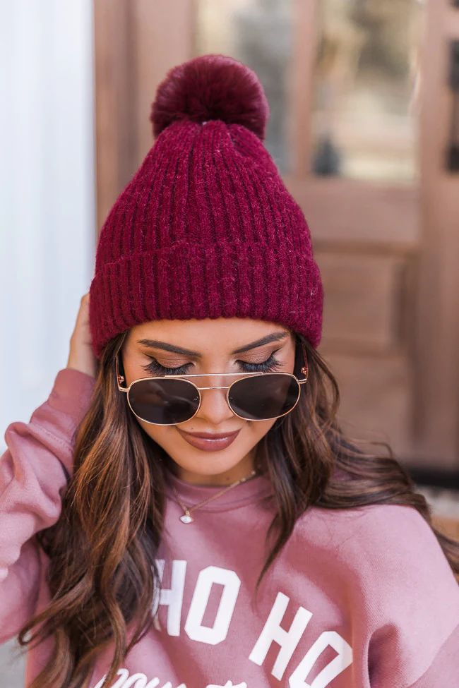 Cabin Escape Burgundy Pom Beanie FINAL SALE | The Pink Lily Boutique