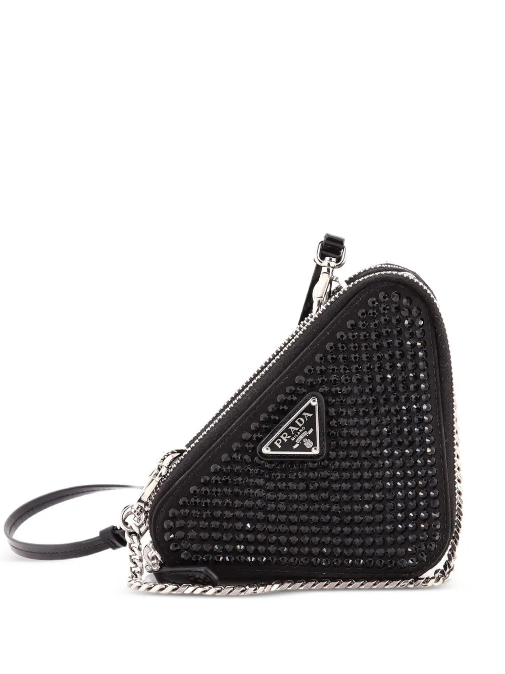 Prada Pre-Owned Triangle Double Pouch Crystal Embellished Satin Mini crossbody bag - Black | Farfetch Global