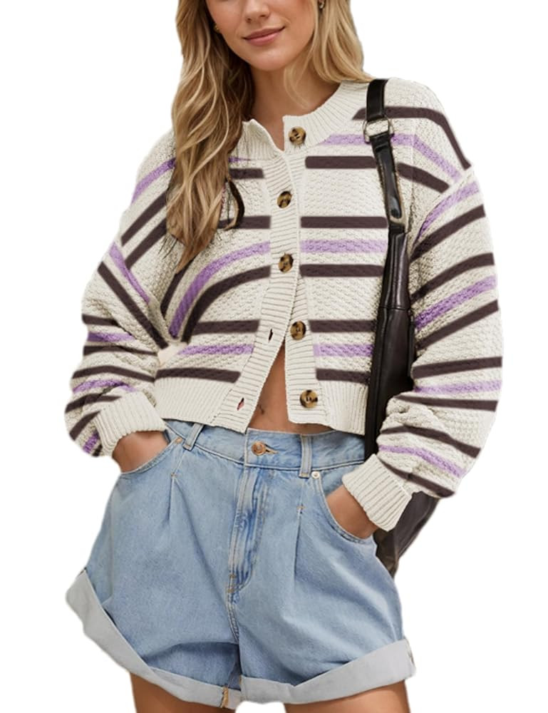 Women's Oversized Cropped Cardigan Sweater Open Front Long Sleeve Button Down Knit Outwear | Amazon (US)