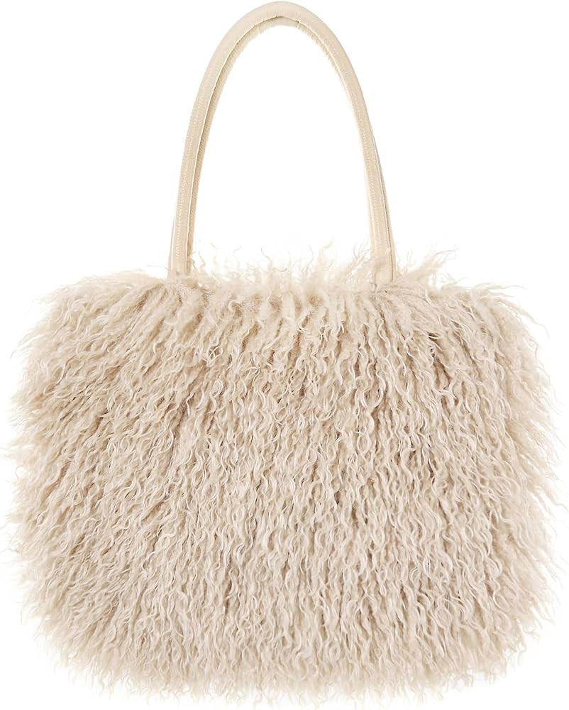 Women's Fuzzy Tote Bag Curly Handbag Furry Shoulder Bag Large Plush Top Handle Purses Winter | Amazon (US)