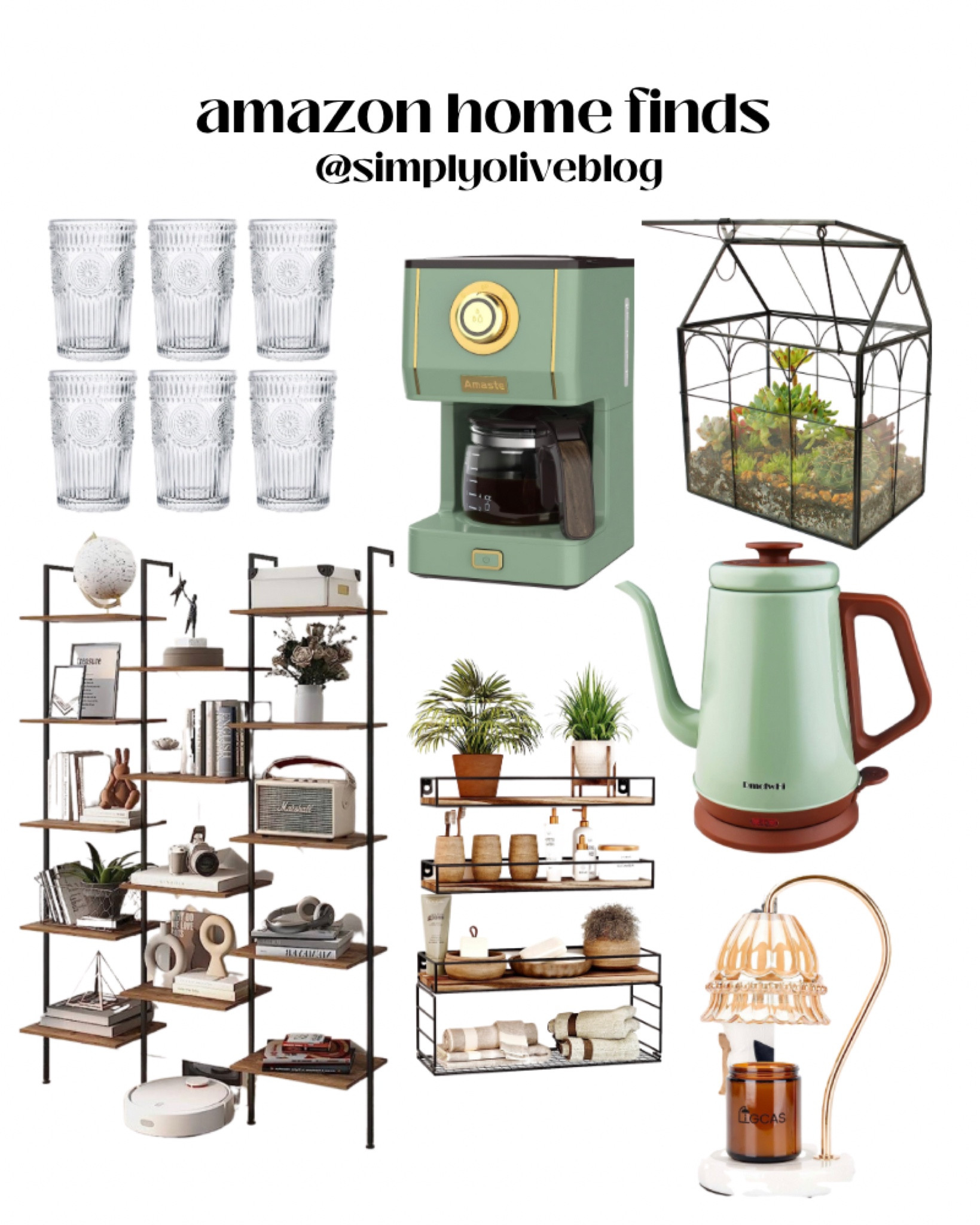 Amazon home finds! | Keywords: affordable, appliances, coffee and tea, kitchen decor, shelving shelves storage, glasses, vintage drinking glasses, candle warmer aesthetic, boho bohemian, cozy home, terrarium

#LTKsalealert #LTKhome #LTKunder50