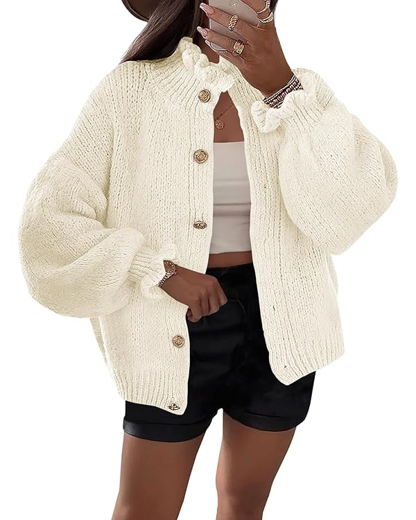 Saodimallsu Womens Ruffle Cardigan Oversized Button Up Fall Trendy Ribbed Knit Open Front Long Sl... | Amazon (US)