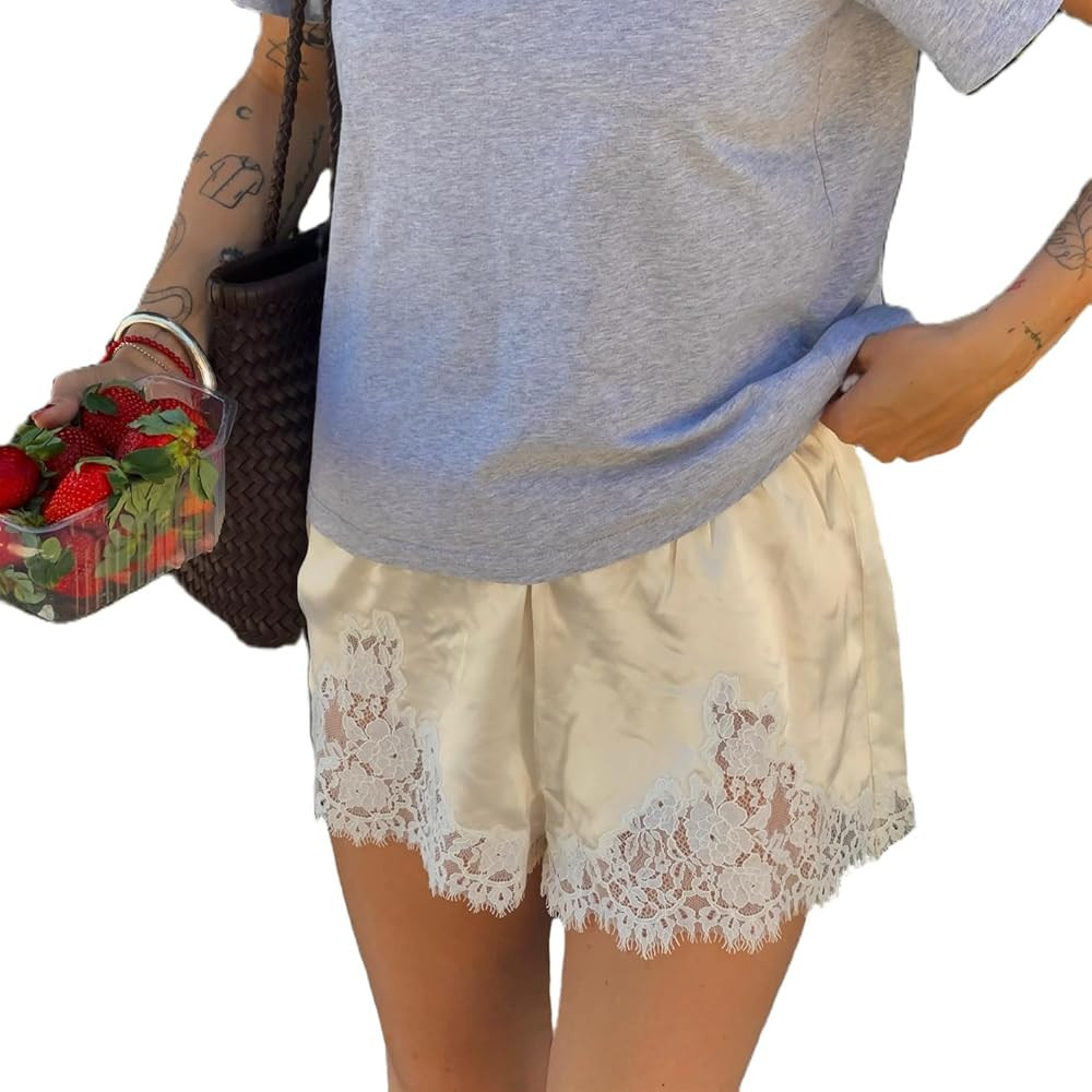 Women Lace Trim Satin Shorts Elastic Waist Silk Pj Lounge Shorts Going Out Coquette Slip Bottoms | Amazon (US)