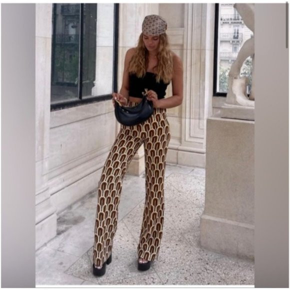 Zara High Elastic Waist Pants Size Zipper Size S Retro 70's Mod Geometric Look | Poshmark