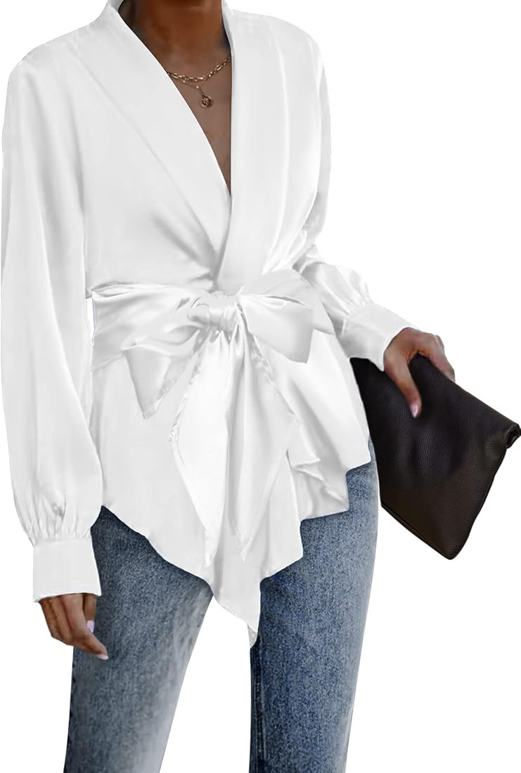 ACEVOG Women's Satin Blouse Silk Open Front/Tie Waist Wrap Long Sleeve Vneck Shirt | Amazon (CA)