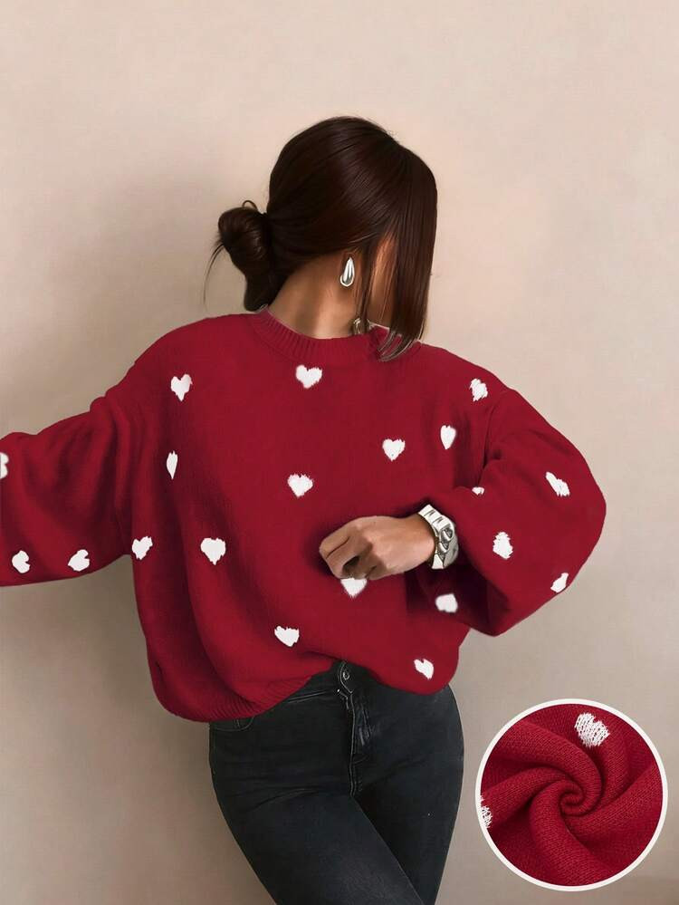 Autumn And Winter Women's Valentine's Day Cute Casual Heart-Patterned Loose-Fit Fashionable Sweater With Round Neck And Long Sleeves, Basic Sweater, Business Casual Women's Clothing, Autumn Top, Autumn Sweater, Women's Winter Clothing, Women's Autumn And Winter Clothing, Autumn Clothing | SHEIN