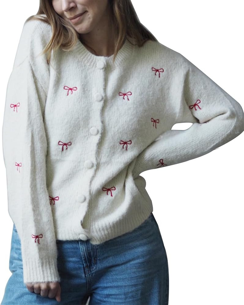 Women Button Down Cardigan Sweaters Cute Bow Bear Knitted Pattern Casual Fall Winter Cardigan Coa... | Amazon (US)