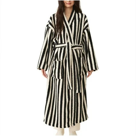 Fancifize Women s Stripes Robe Long Sleeve Bathrobe with Pockets Soft Kimono Robes Casual Shower Sleepwear Loungewear Pajamas | Walmart (US)
