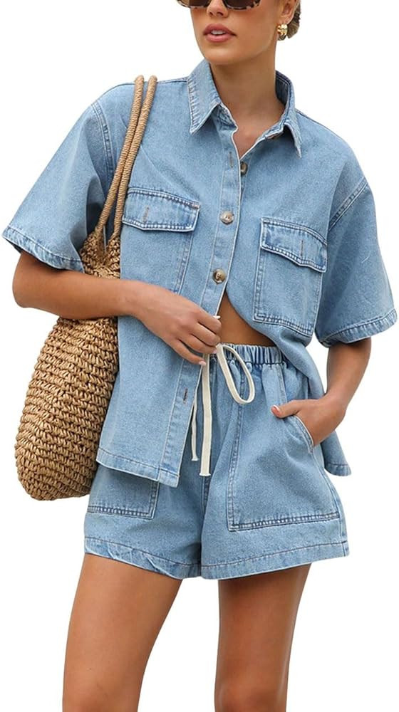 chouyatou Women's Summer Denim 2 Piece Outfits Short Sleeve Button Down Shirt Elastic Waist Wide ... | Amazon (US)