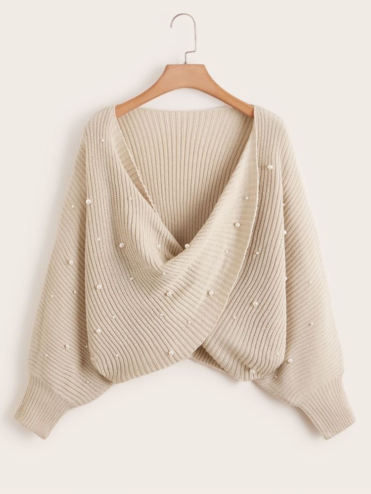 Plus Crossover Pearls Beaded Batwing Sleeve Sweater | SHEIN