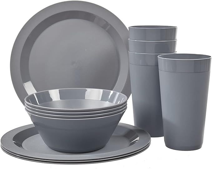 US Acrylic Newport Plastic Plate, Bowl and Tumbler Dinnerware Set for 4 in Grey Stone | 12-Piece ... | Amazon (US)