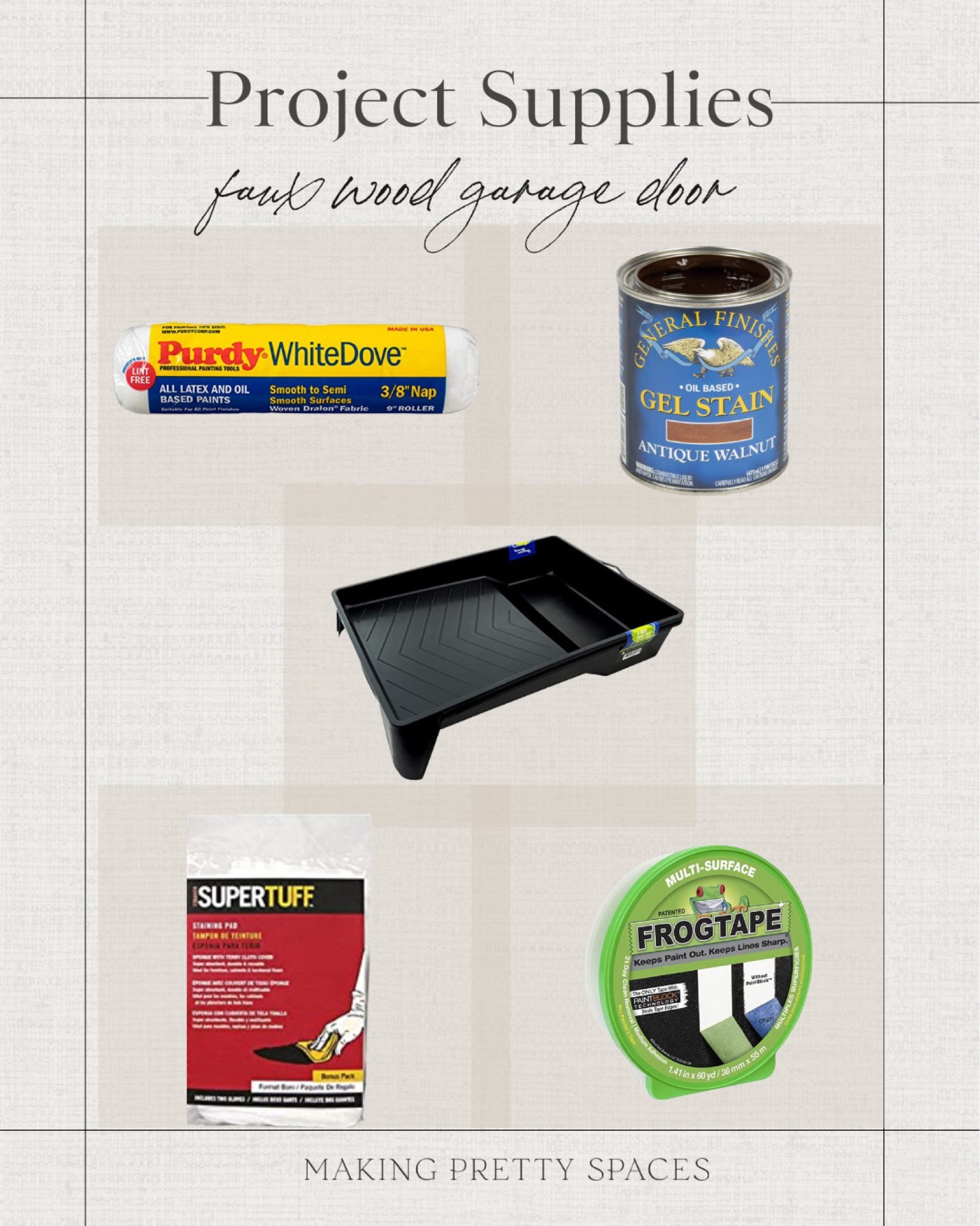 Faux wood garage door supplies!
Frog tape, DIY, paint tray, paint roller, garage, gel stain

#LTKhome #LTKsalealert #LTKunder50