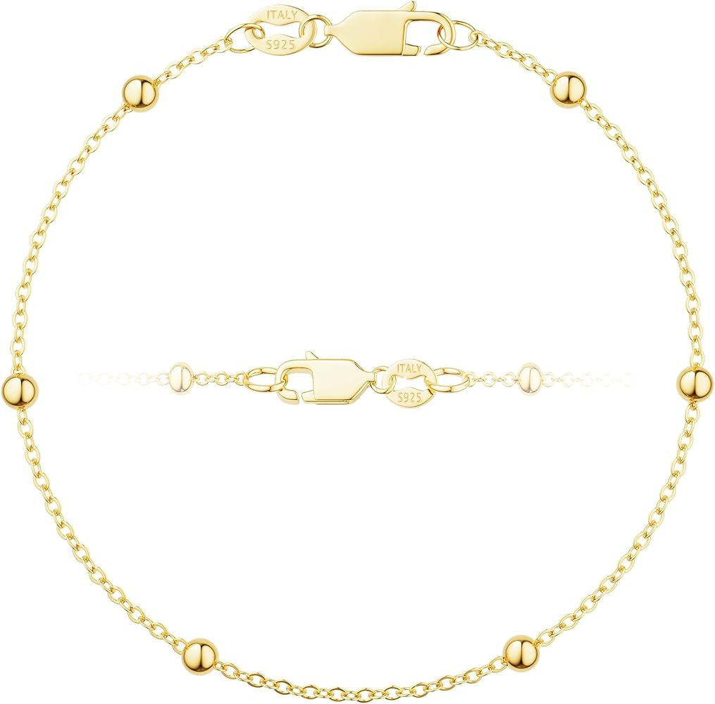 925 Sterling Silver Bracelet 3mm Bead Link Chain Bracelet for Women Simple Dainty 16K Gold Bracel... | Amazon (US)