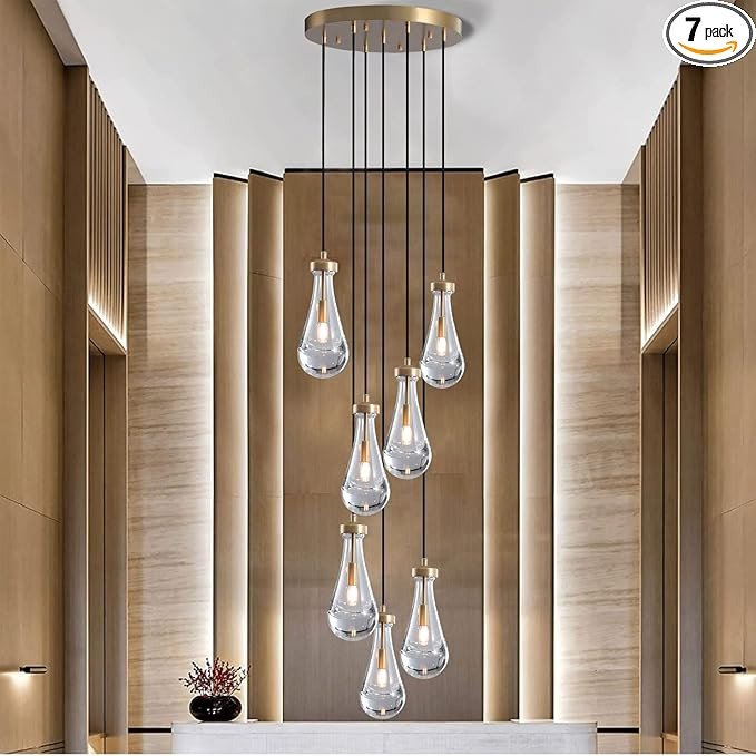 RINGRAIN 7-Lights Brass Raindrop Pendant Light, Gold Modern Teardrop Crystal Chandelier for Livin... | Amazon (US)