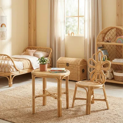 Antlia Natural Rattan Kids Table & Chair Set - Flower Back Chairs & Round Table - Eco-Friendly Play Set For Ages 2-7 (1 Table + 1/2/3/4 Chairs) | Wayfair North America