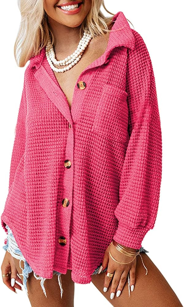 Dokotoo Womens Waffle Knit Shacket Jacket Casual Long Sleeve Button Down Shirts Dressy Blouses To... | Amazon (US)