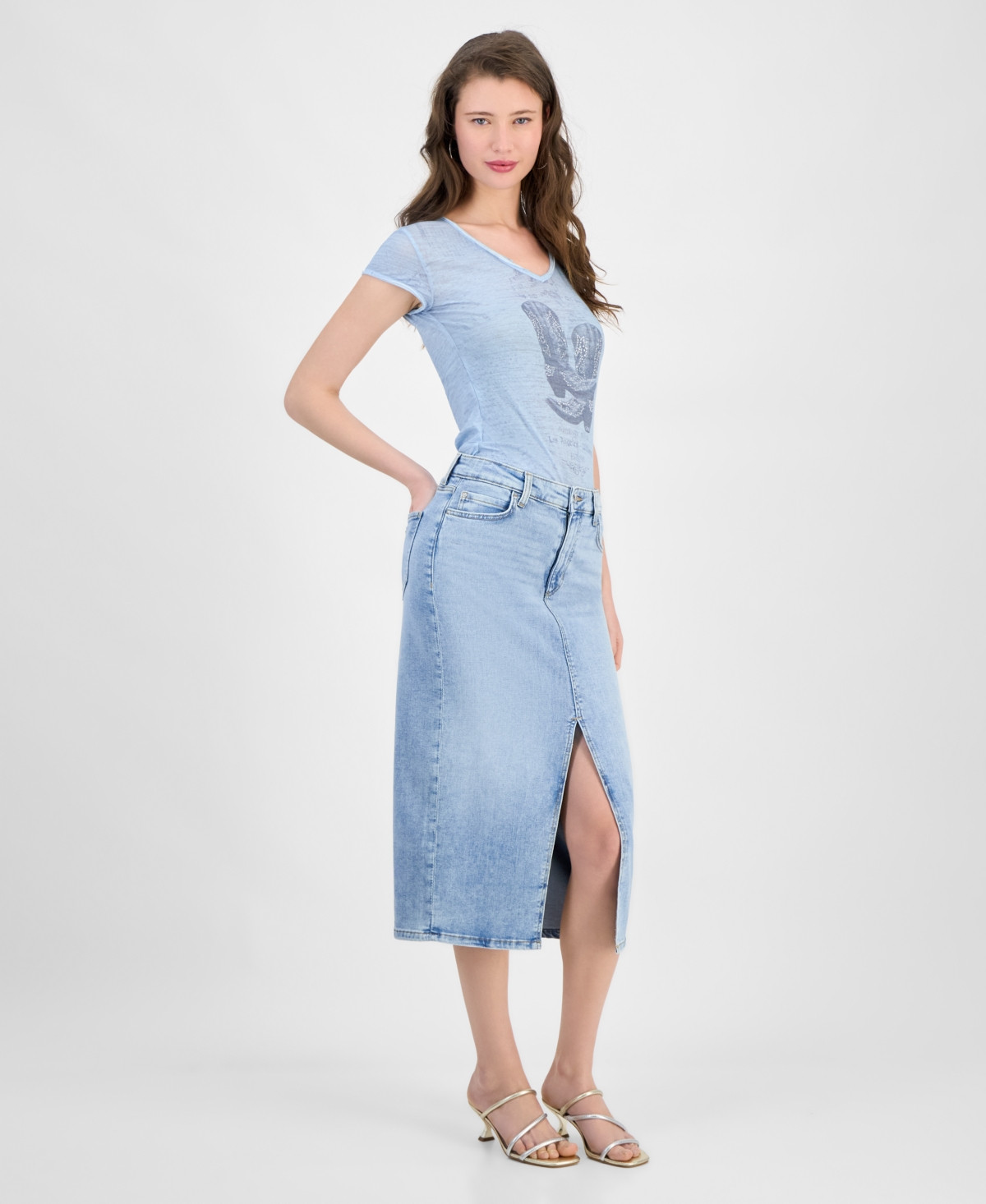 Guess Women's Mila Denim Front-Slit Midi Skirt - Lagoon Light | Macy's