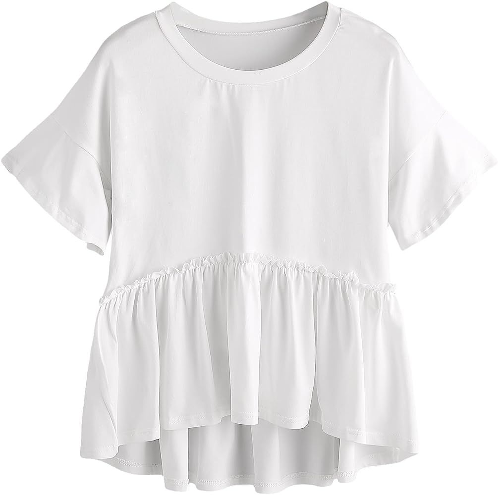 Romwe Women's Loose Ruffle Hem Short Sleeve High Low Peplum Blouse Top | Amazon (US)